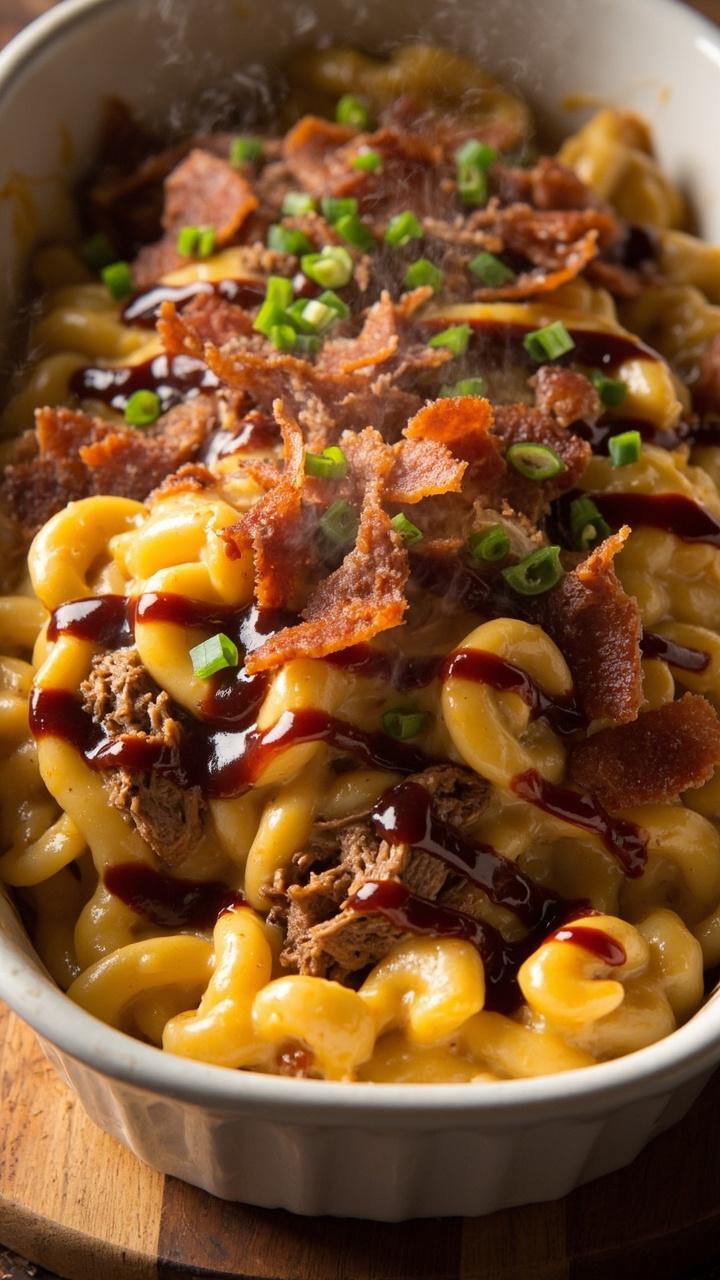 creamy mac and cheese with shredded beef streaks glossy barbecue sauce drizzle crispy bacon pieces chopped chives scatter shallow white baking dish on wooden board