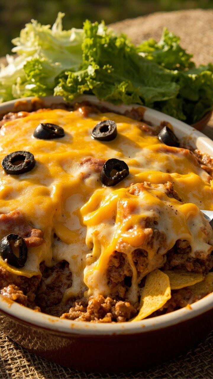 melting cheddar and Monterrey Jack top over saucy taco beef visible corn tortilla chip edges and sliced black olives chopped romaine lettuce on side oval casserole dish on picnic cloth