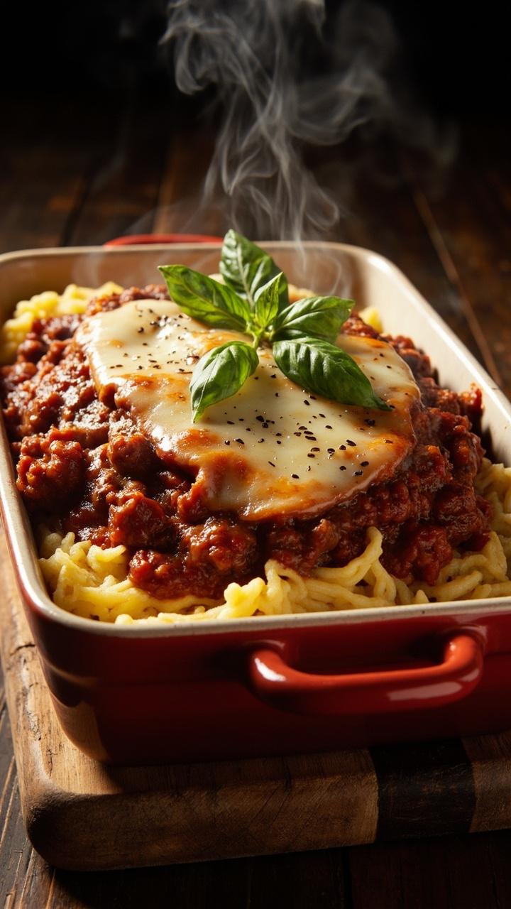 creamy golden polenta layer topped with rich tomato beef ragout melted mozzarella sprinkle basil leaves rectangular ceramic dish on rustic wooden board