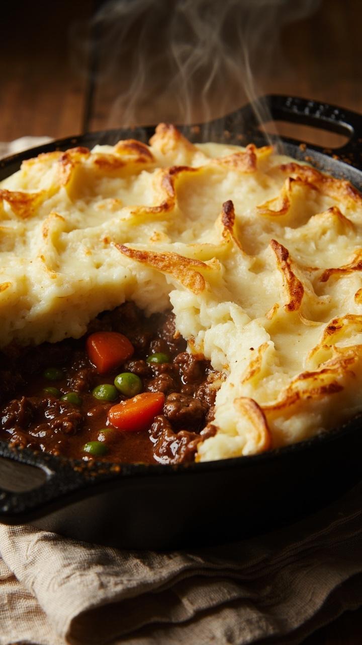 creamy mashed potato topping browned edges golden over beef and vegetable filling visible peas and carrots rustic cast iron skillet on linen napkin
