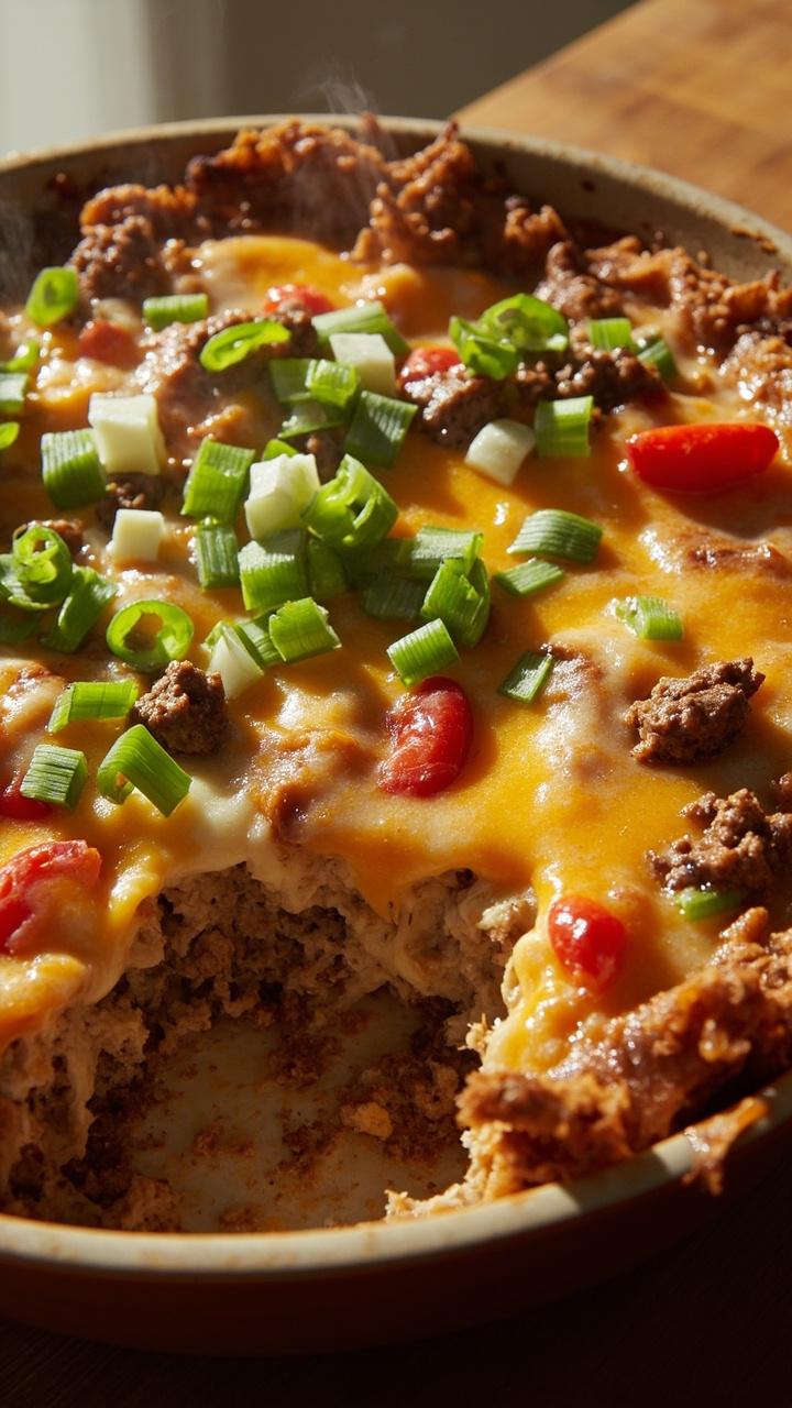 golden crisp hashbrown edges melted cheese center browned beef and diced bell pepper pieces sprinkled scallions round casserole dish on breakfast table