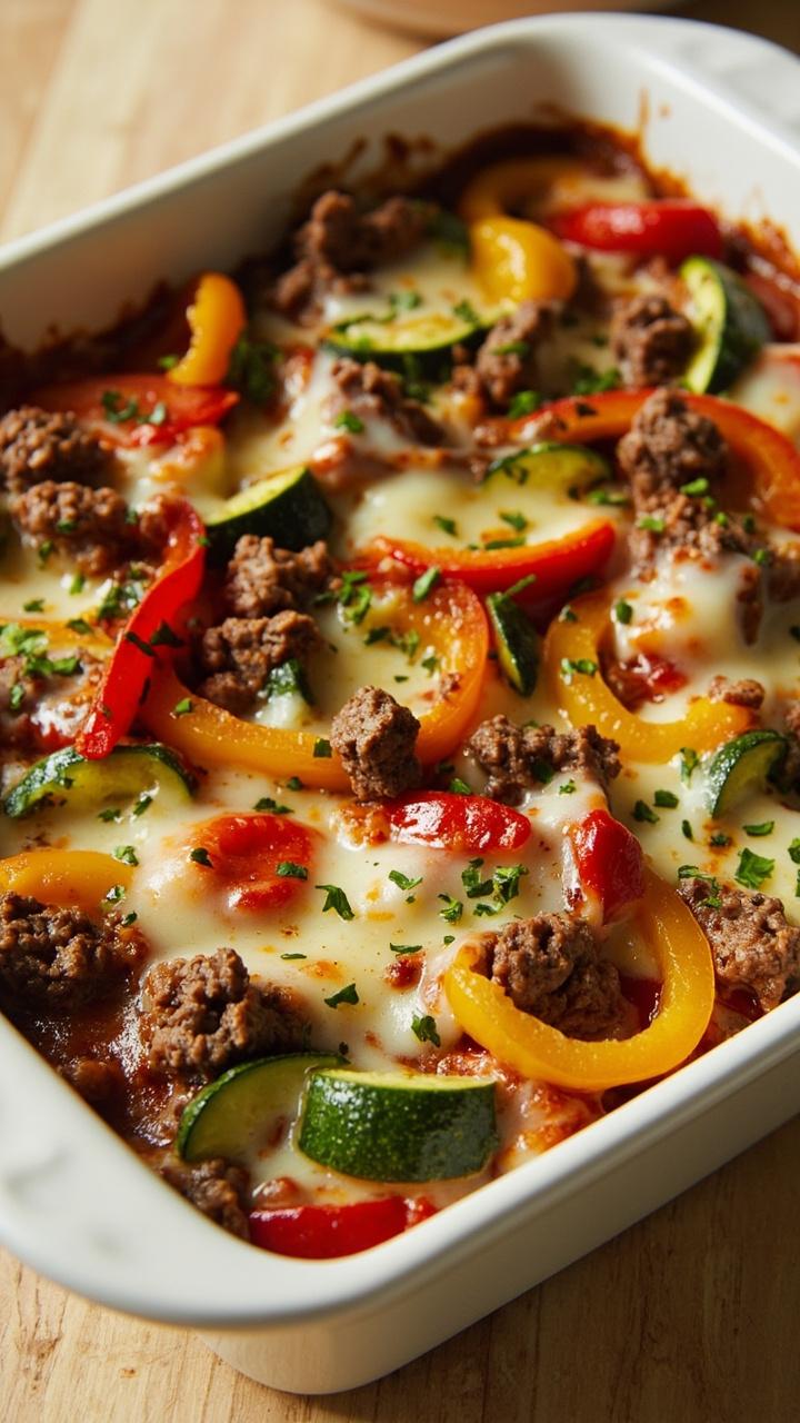 colorful layers of diced zucchini and bell pepper with browned beef visible little pockets of melted mozzarella sprinkle chopped parsley white ceramic baking dish on light wood counter