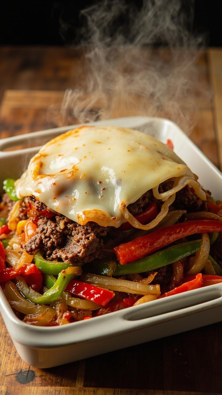 layers of sautéed green and red bell peppers and onions melted provolone over seasoned beef golden browned edges served in shallow rectangular dish on butcher block