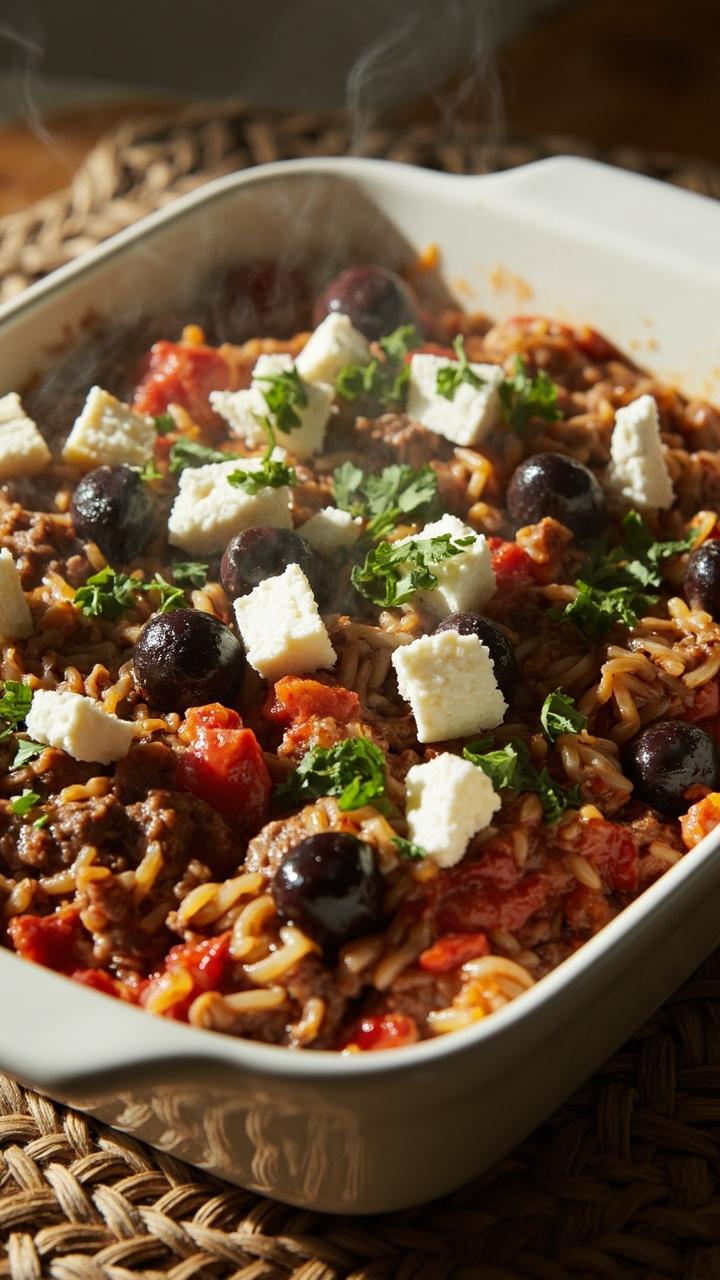 tomato studded beef and rice mix crumbled feta on top sliced Kalamata olives and chopped parsley white shallow baking dish on woven placemat