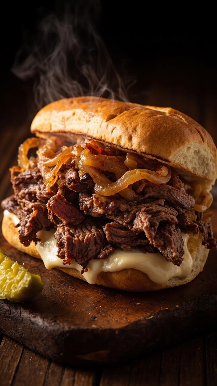 Toasted long hoagie roll, thin ribbons of browned steak piled into the roll, melted provolone oozing over the steak, golden caramelized onions topping it, small pickle spear on a wooden board