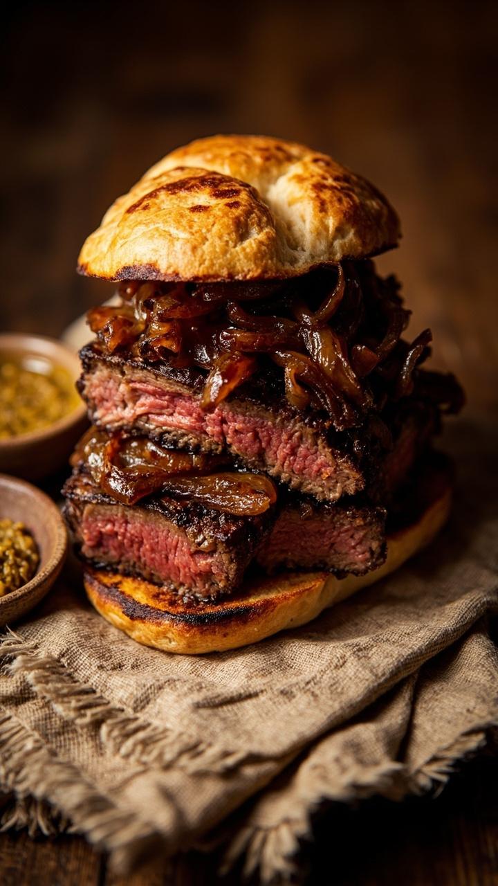 Grill marked slices of ribeye layered on a toasted ciabatta half, thick ribbons of caramelized onion, small bowl of coarse mustard beside the sandwich, linen napkin under the bread
