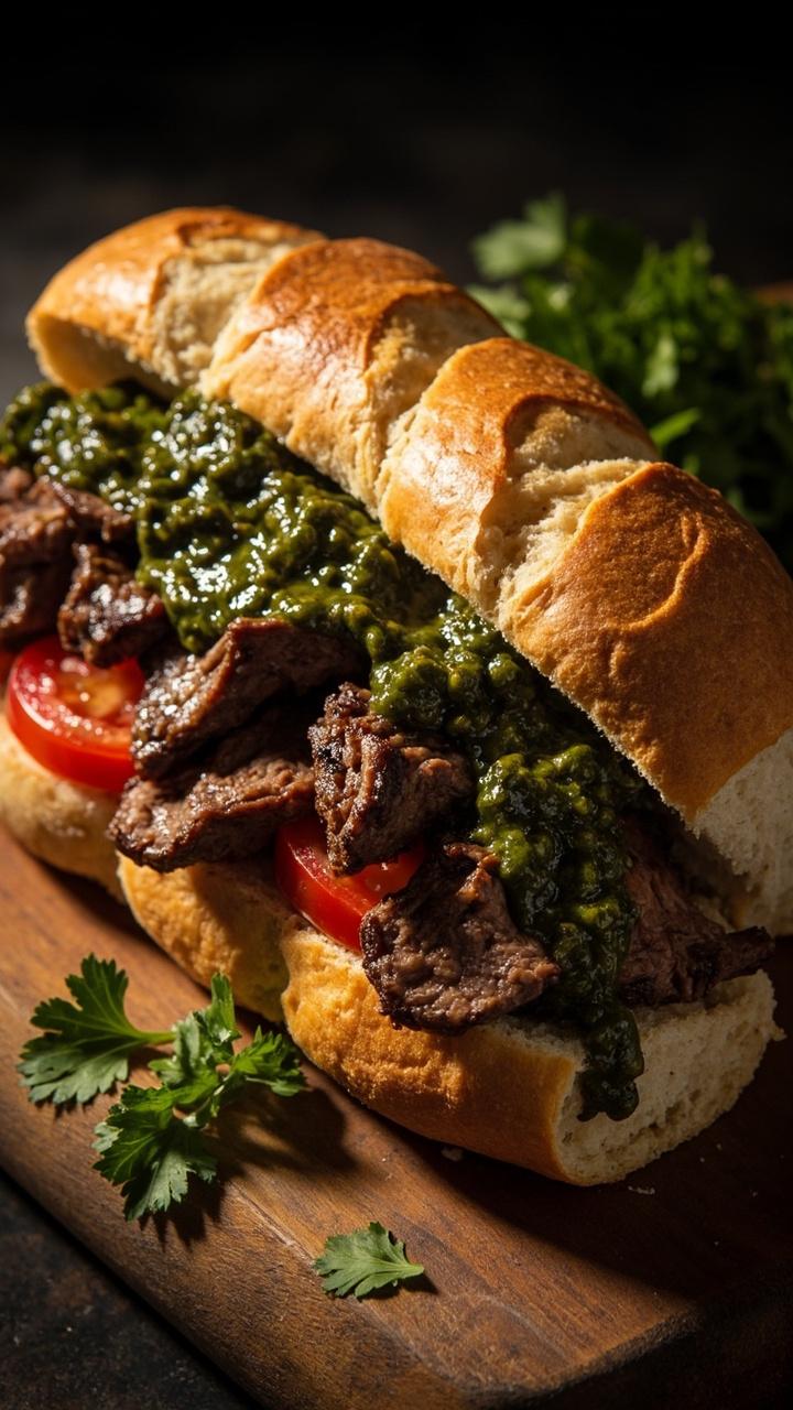 Crusty baguette split open, thin slices of grilled steak dressed with green chimichurri, sliced ripe red tomatoes tucked alongside, a few cilantro leaves scattered on the board