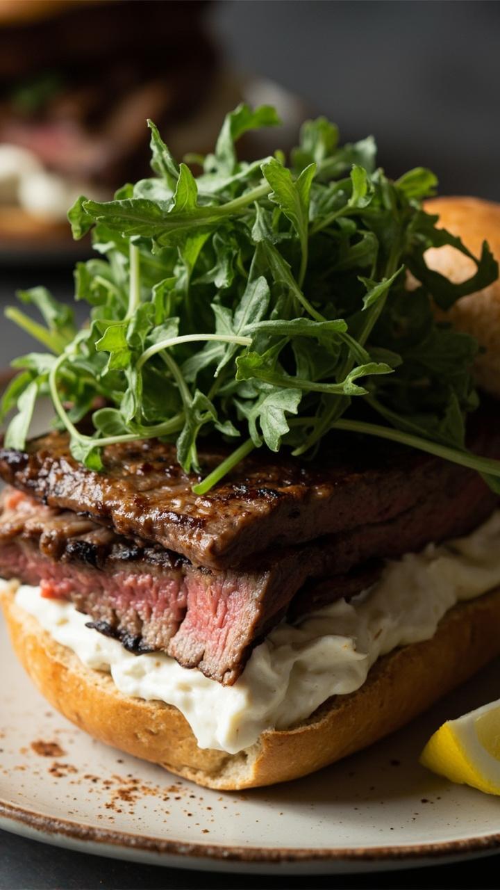 Toasted bakery roll open, thin steak slices layered over a white horseradish cream spread, bright green arugula mound on top, lemon wedge on the side on a ceramic plate