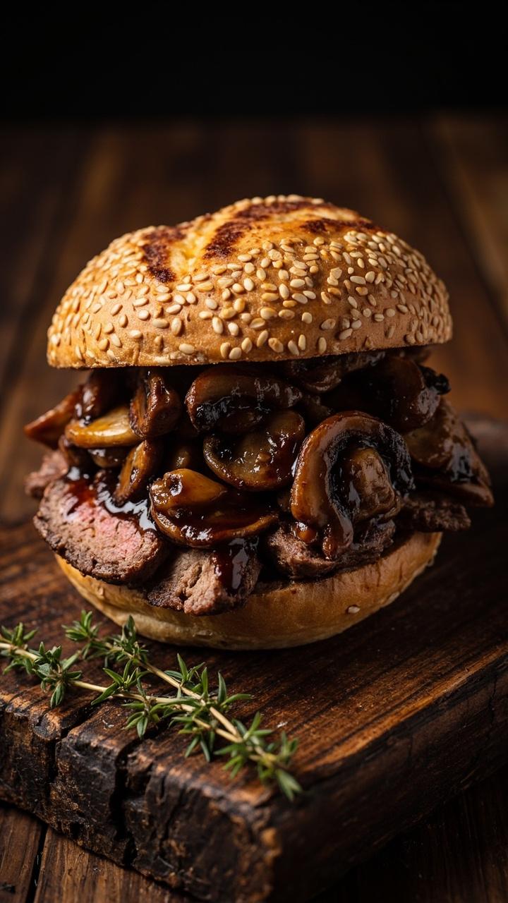 Toasted multigrain bun, sautéed brown mushrooms glistening with balsamic, sliced steak tucked under mushrooms, sprig of thyme on the side, dark wood board beneath