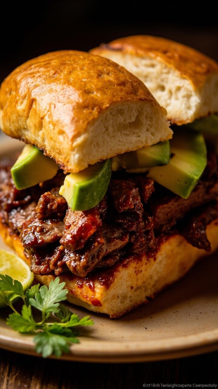 Toasted sandwich roll, sliced steak tossed in a smoky red chipotle sauce, slices of ripe avocado layered on top, lime wedge and a scattering of cilantro leaves on a small plate