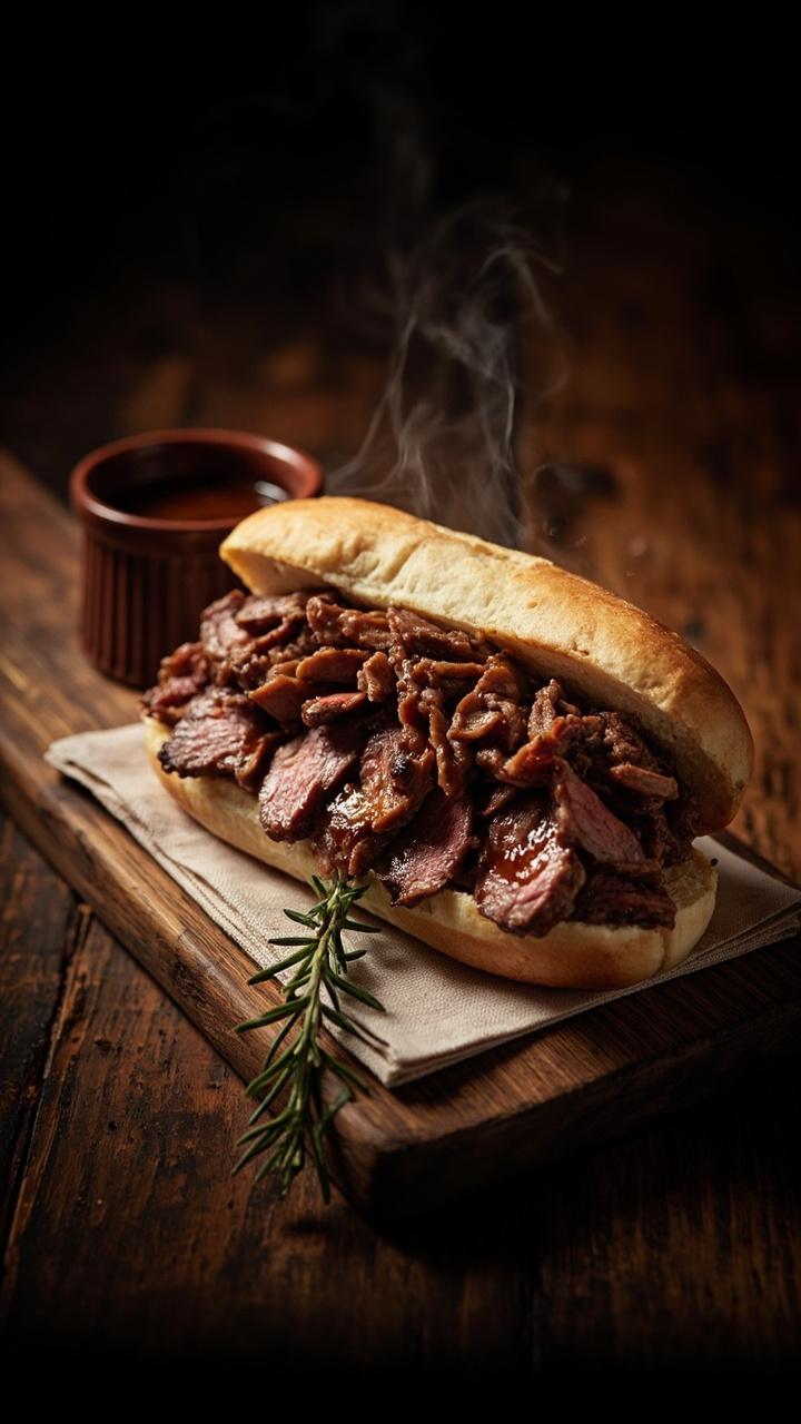 Toasted soft hoagie nestled beside a small ramekin of dark beef jus, thin slices of roasted steak piled inside the roll, a sprig of rosemary on the board, a folded napkin beneath