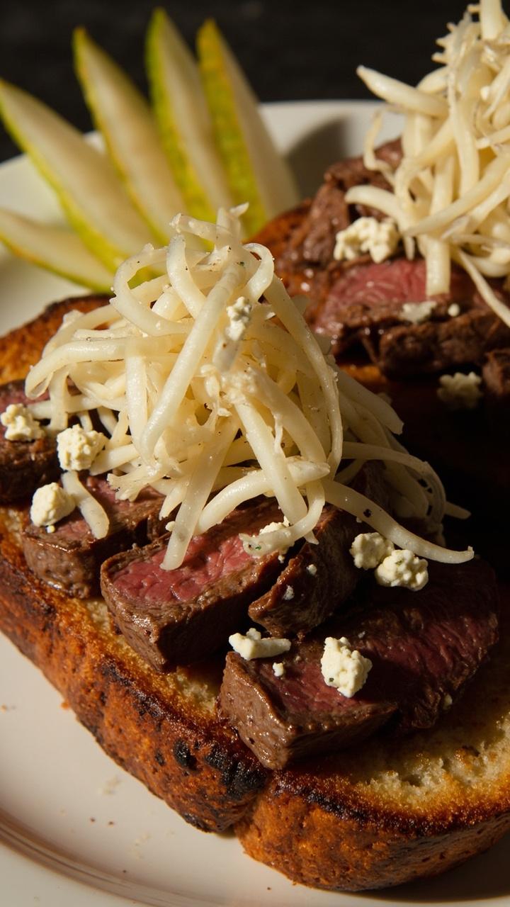 Toasted sourdough slices open, thin slices of steak topped with crumbles of blue cheese, a small nest of pale pear slaw on top, thin pear slices fanned on the side