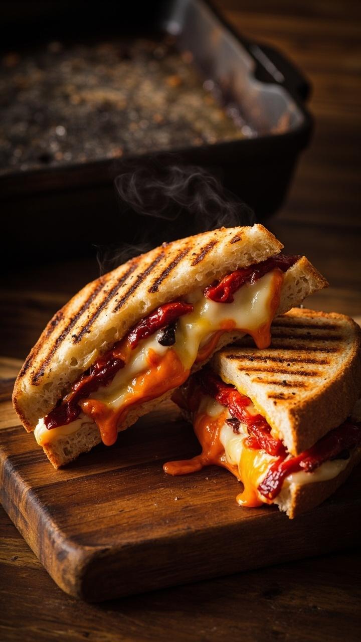 Pressed panini halves with golden grill lines, melted cheese visible between layers, roasted red pepper strips peeking out, cast iron grill press beside the sandwich