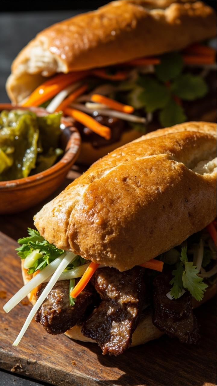 Crisp baguette split open, thin slices of marinated steak inside, pickled carrot and daikon slaw tucked alongside cilantro and cucumber slices, small dish of extra pickles beside