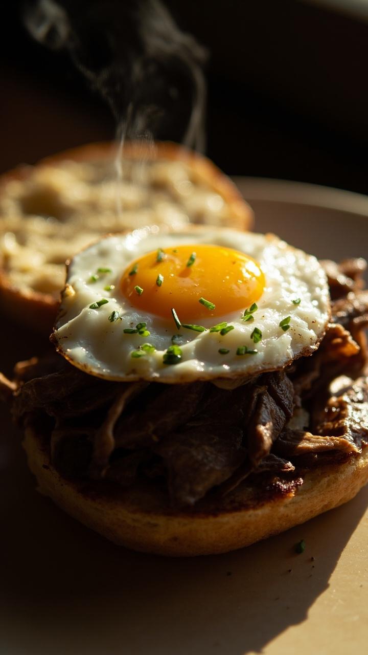 Toasted English muffin open, thin steak slices topped with a sunny fried egg with a slightly runny yolk, a small scattering of chives on the egg, plate with morning light