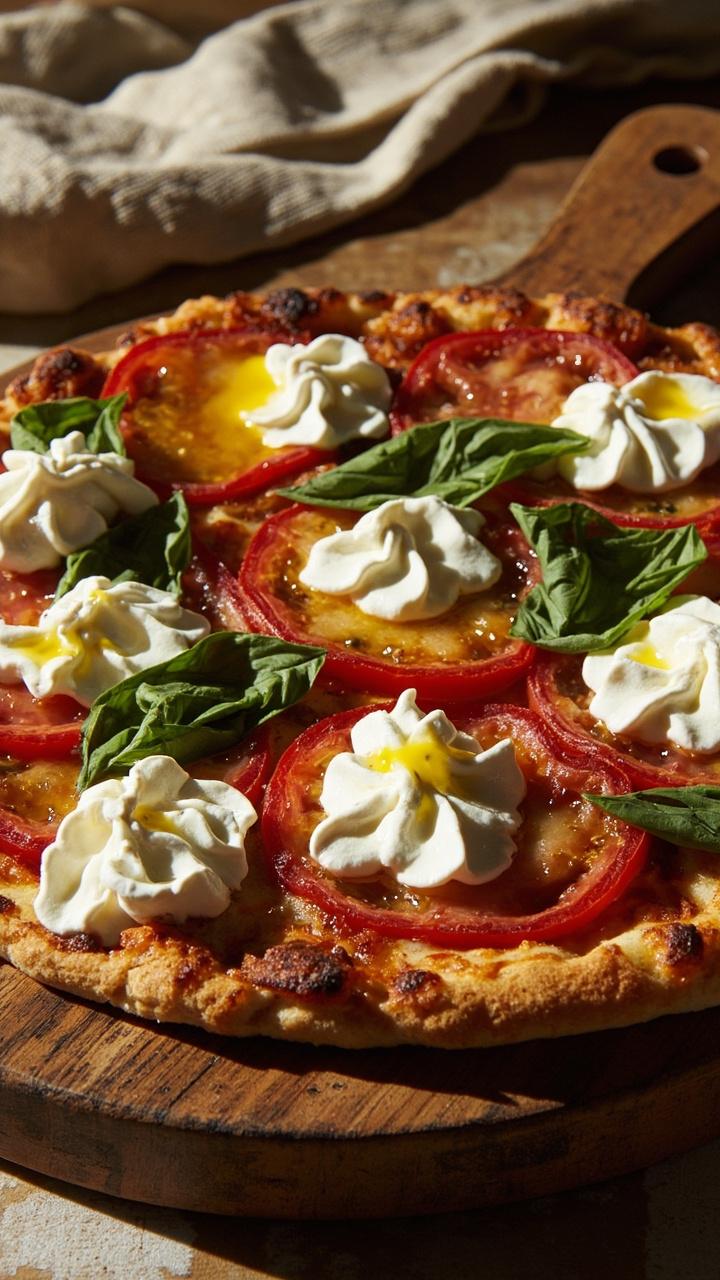 a golden thin cauliflower crust topped with glossy tomato slices, melted mozzarella bubbles, torn basil leaves, a drizzle of olive oil, served on a round wooden board with a linen napkin nearby a golden thin cauliflower crust topped with glossy tomato slices, melted mozzarella bubbles, torn basil leaves, a drizzle of olive oil, served on a round wooden board with a linen napkin nearby