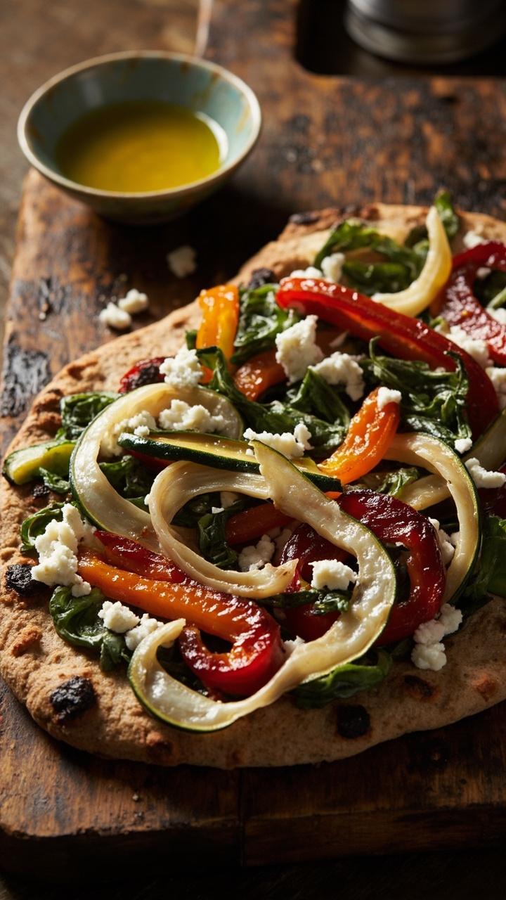 a medium brown whole wheat crust topped with roasted bell pepper strips, thin zucchini ribbons, spinach, scattered feta crumbles, on a rectangular wooden board with a small bowl of olive oil a medium brown whole wheat crust topped with roasted bell pepper strips, thin zucchini ribbons, spinach, scattered feta crumbles, on a rectangular wooden board with a small bowl of olive oil