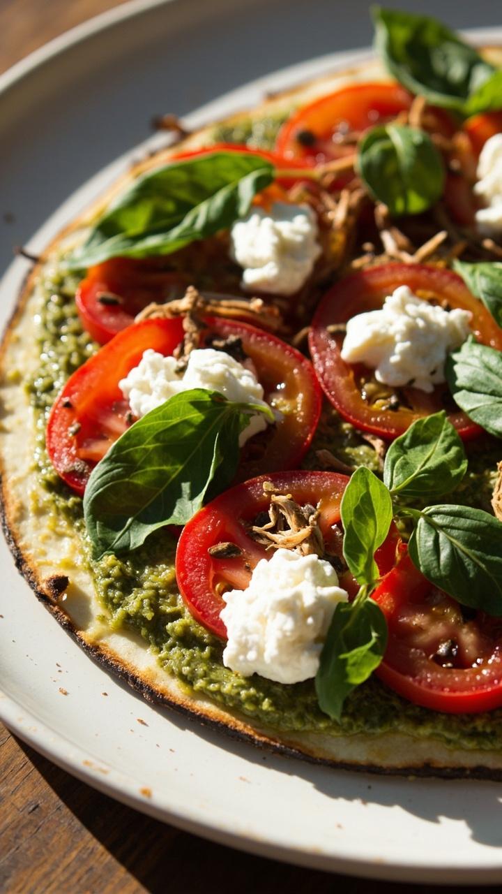 a thin green-tinged zucchini crust with vibrant basil pesto spread, dollops of ricotta, thin tomato slices, garnished with fresh basil leaves, served on a light ceramic plate a thin green-tinged zucchini crust with vibrant basil pesto spread, dollops of ricotta, thin tomato slices, garnished with fresh basil leaves, served on a light ceramic plate