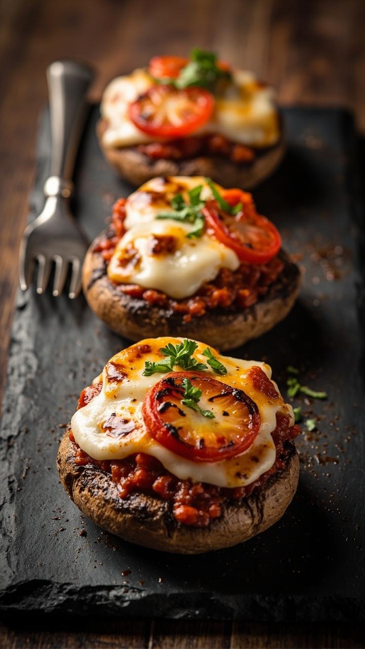 three large portobello caps stuffed with marinara, melted mozzarella, sliced cherry tomatoes, sprinkled parsley, arranged on a rectangular slate with a fork three large portobello caps stuffed with marinara, melted mozzarella, sliced cherry tomatoes, sprinkled parsley, arranged on a rectangular slate with a fork