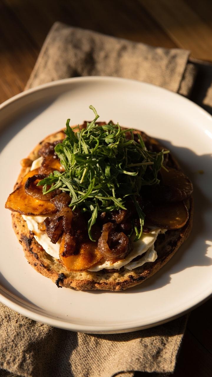 a thin slices sweet potato crust layered with melted goat cheese, caramelized onions, arugula on top, plated on a white round plate with a draped napkin a thin slices sweet potato crust layered with melted goat cheese, caramelized onions, arugula on top, plated on a white round plate with a draped napkin