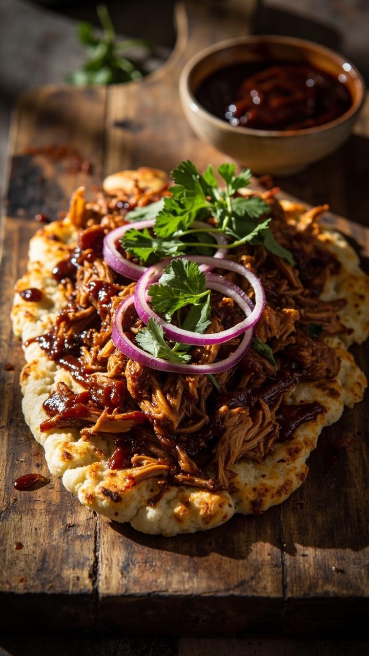 an oblong cauliflower flatbread with glossy barbecue sauce, shredded chicken, thin red onion rings, cilantro leaves, on a wooden cutting board with a small bowl of extra sauce an oblong cauliflower flatbread with glossy barbecue sauce, shredded chicken, thin red onion rings, cilantro leaves, on a wooden cutting board with a small bowl of extra sauce