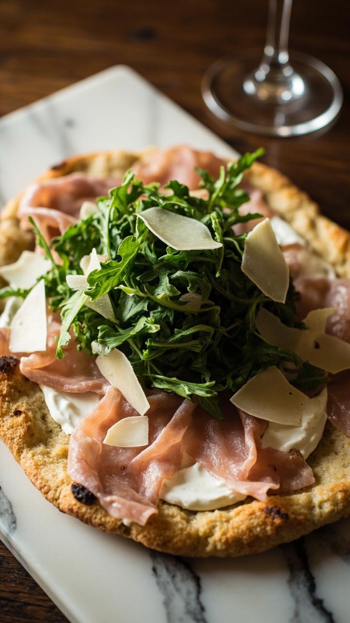 a thin flatbread with creamy white yogurt sauce, thin prosciutto slices, bright arugula piled in the center, shaved parmesan scattered, on a marble board with a wine glass edge visible a thin flatbread with creamy white yogurt sauce, thin prosciutto slices, bright arugula piled in the center, shaved parmesan scattered, on a marble board with a wine glass edge visible