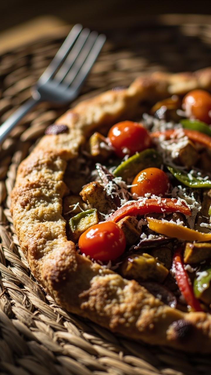 a slightly golden almond flour crust topped with roasted eggplant cubes, cherry tomatoes, sliced bell pepper, a light dusting of parmesan, on a woven placemat with simple flatware a slightly golden almond flour crust topped with roasted eggplant cubes, cherry tomatoes, sliced bell pepper, a light dusting of parmesan, on a woven placemat with simple flatware