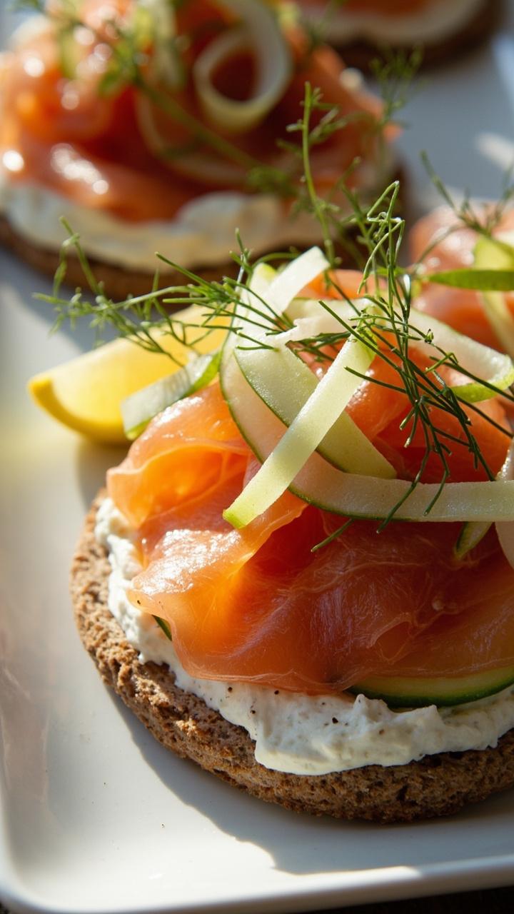 a thin whole wheat flatbread spread with dill cream cheese, folded slices of smoked salmon, thin cucumber ribbons, a sprinkle of fresh dill, served on a rectangular plate with lemon wedge a thin whole wheat flatbread spread with dill cream cheese, folded slices of smoked salmon, thin cucumber ribbons, a sprinkle of fresh dill, served on a rectangular plate with lemon wedge