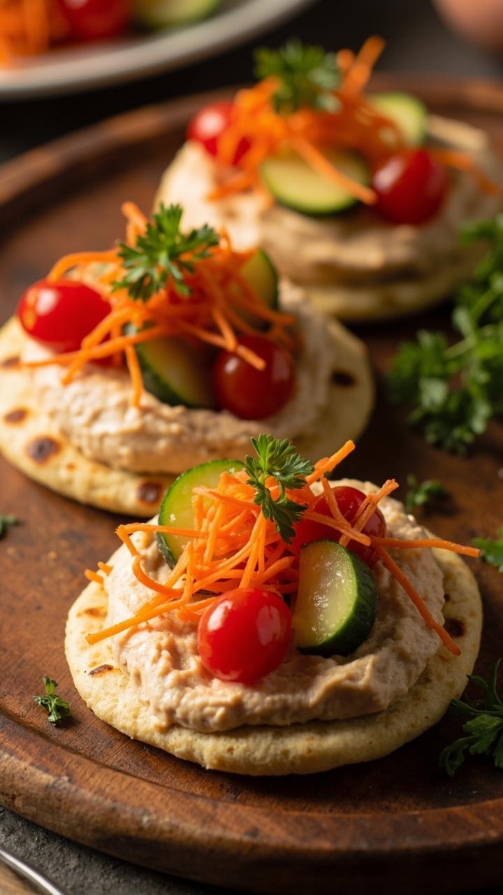 three mini naan rounds spread with hummus, topped with sliced cherry tomatoes, shredded carrot, cucumber rounds, lightly sprinkled parsley, on a small wooden tray three mini naan rounds spread with hummus, topped with sliced cherry tomatoes, shredded carrot, cucumber rounds, lightly sprinkled parsley, on a small wooden tray