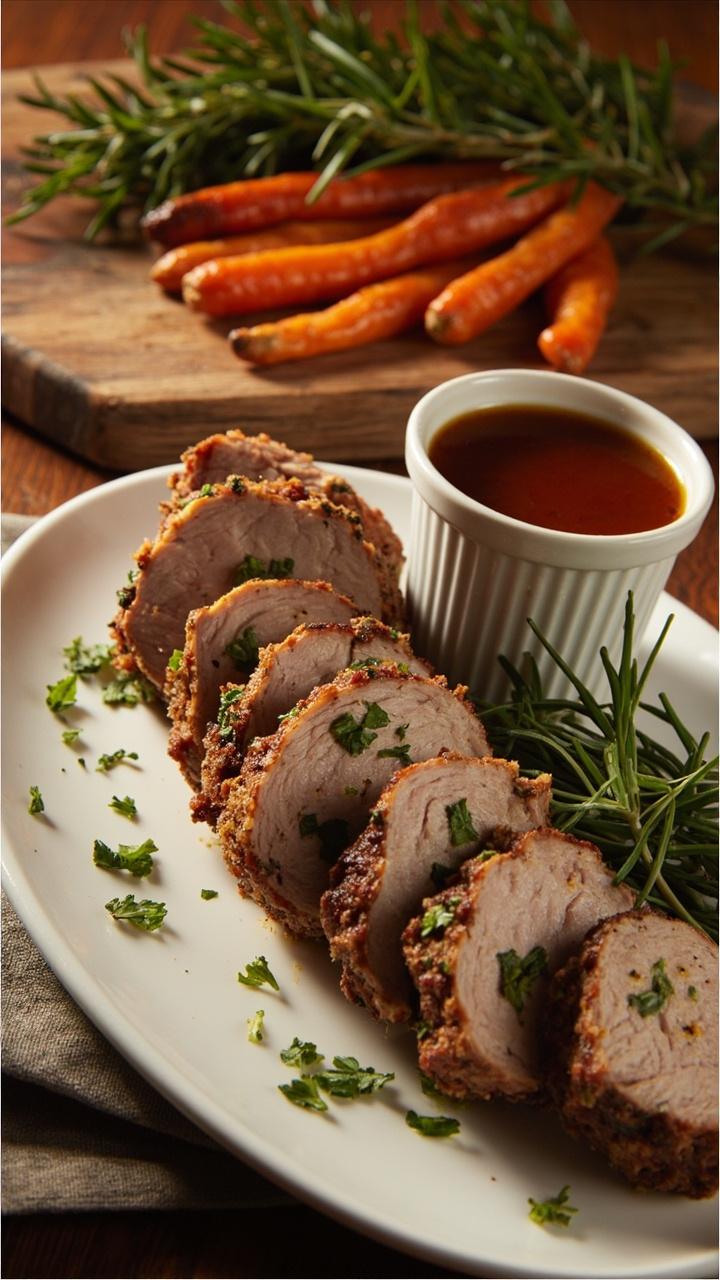 Sliced pork tenderloin with golden herb crust arranged in a slight fan on a white oval plate, scattered chopped parsley on top, a small ramekin of pan juices beside, roasted carrots and a sprig of rosemary on a wooden board