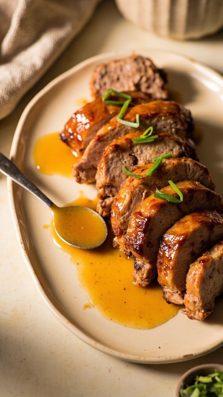 Whole pork tenderloin sliced thick with a shiny amber honey mustard glaze pooled slightly on a cream colored plate, thin slices fanned, a small spoon of extra glaze nearby, a scattering of chopped chives and a linen napkin