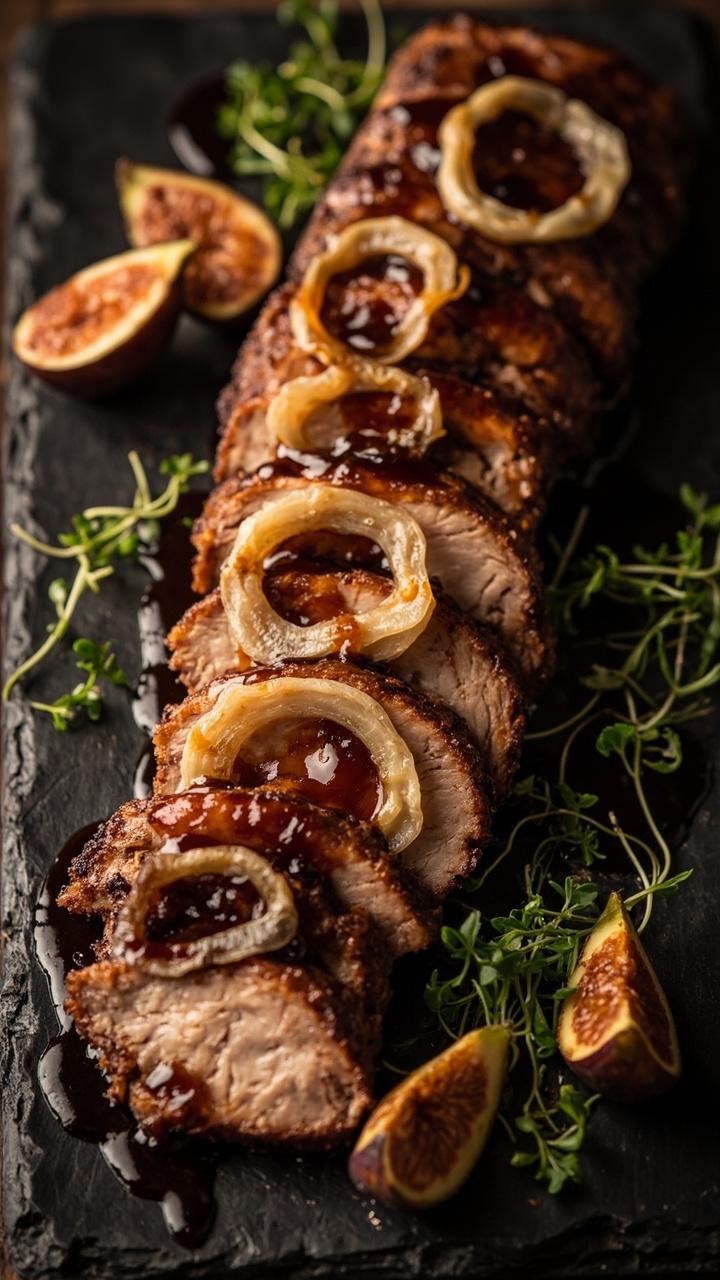 Sliced pork with a deep mahogany balsamic fig glaze on a shallow slate plate, caramelized shallot slices on top, a few halved roasted figs at the side, microgreens sprinkled lightly