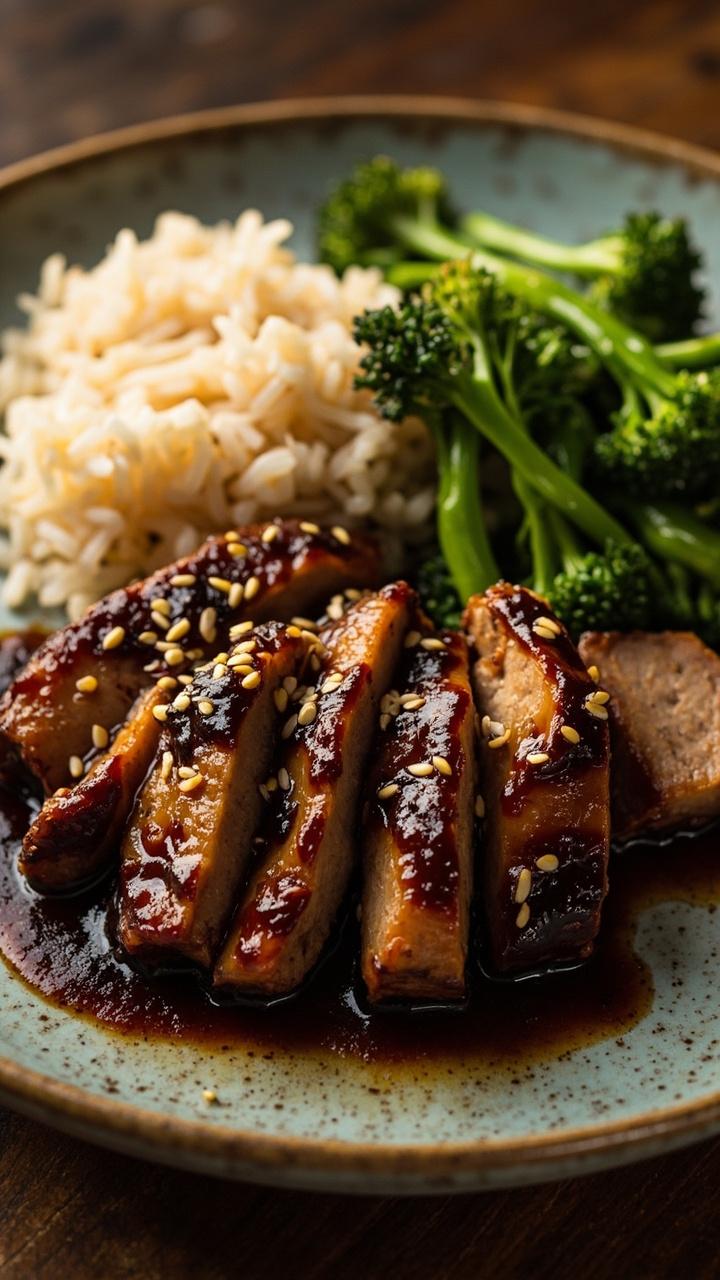 Sliced pork with a glossy dark brown maple soy glaze on a round ceramic plate, sesame seeds sprinkled on top, a small pile of steamed jasmine rice and blanched broccolini beside