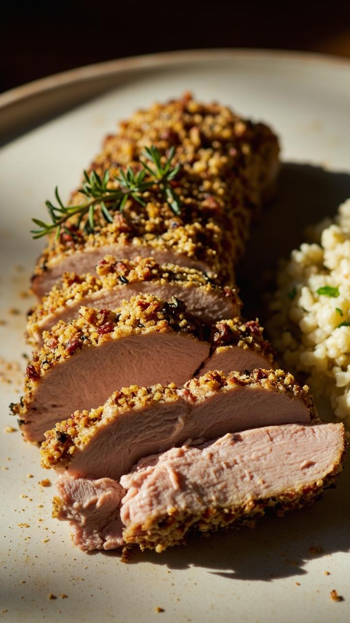 Pork tenderloin with a textured golden herb and mustard crust on a rustic white plate, slices showing a pale interior, a small pile of herbed couscous beside, a sprig of thyme as garnish