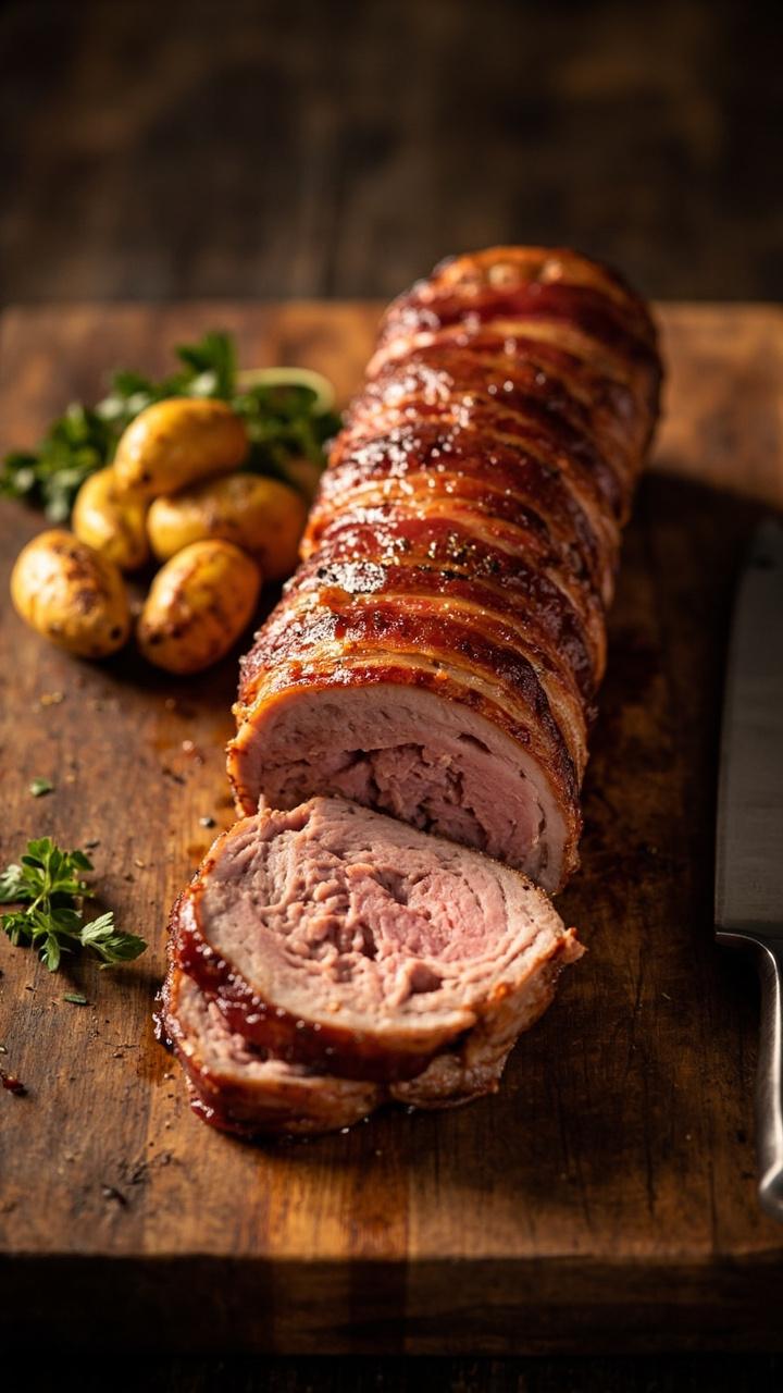 Pork tenderloin wrapped in crisp browned bacon sliced to reveal juicy interior on a wooden cutting board, a small pile of roasted fingerling potatoes and a few sprigs of parsley, a carving knife at the edge