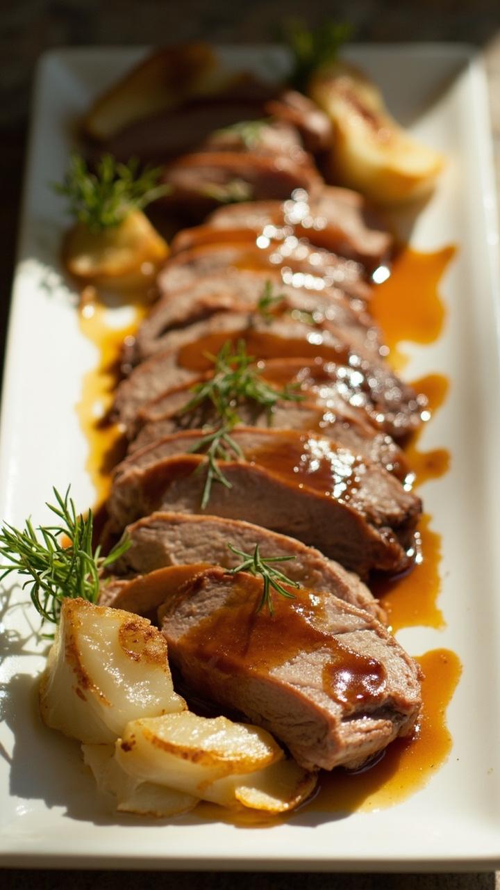 Slices of pork with a light amber apple cider glaze on a long platter, thinly sliced roasted fennel bulbs scattered around, apple wedges and a few fennel fronds for garnish