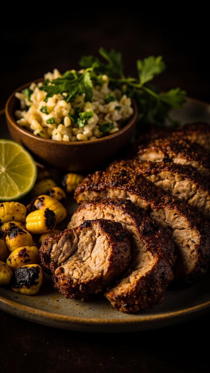 Sliced pork with a dark smoky rub and a glossy lime wedge on the side, a small bowl of cilantro lime rice and charred corn kernels as accents, a lime wedge garnish