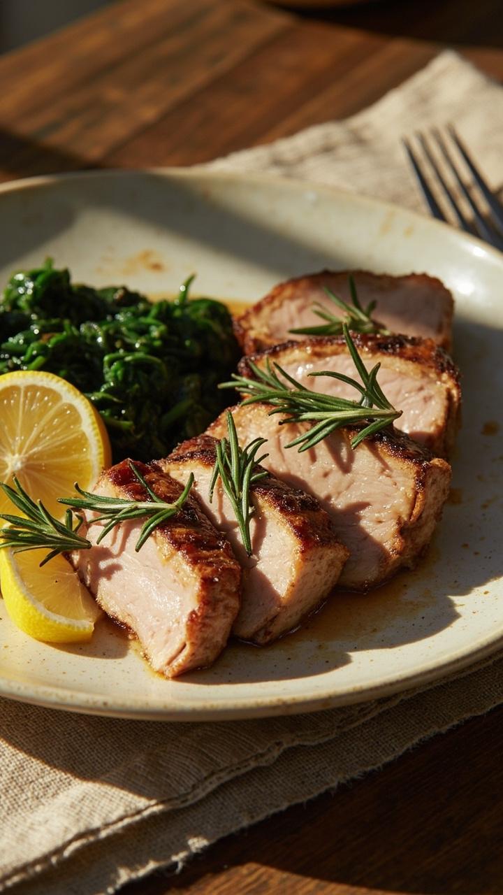 Pork slices with a light golden crust dotted with rosemary leaves on a pale plate, lemon wedges at the side, a small serving of sautéed spinach beside and a linen placemat