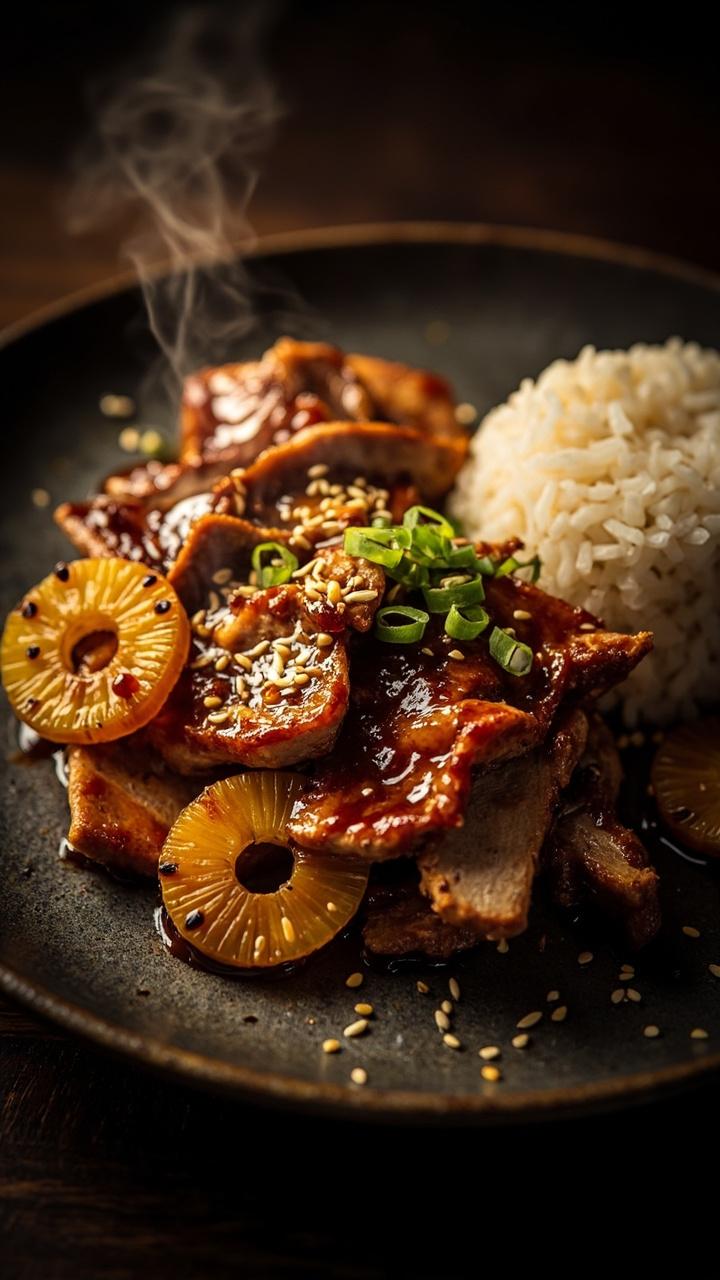 Sliced pork glazed with teriyaki and small caramelized pineapple rings on a dark plate, a sprinkling of green onions and sesame seeds, a side of steamed rice