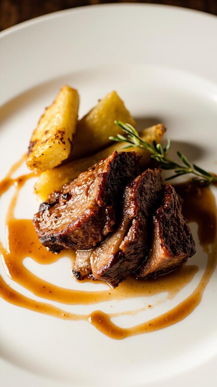 Pork slices with a dark caramelized crust and glossy edges on a white plate, a small mound of roasted parsnips and a sprig of thyme, a drizzle of pan juices