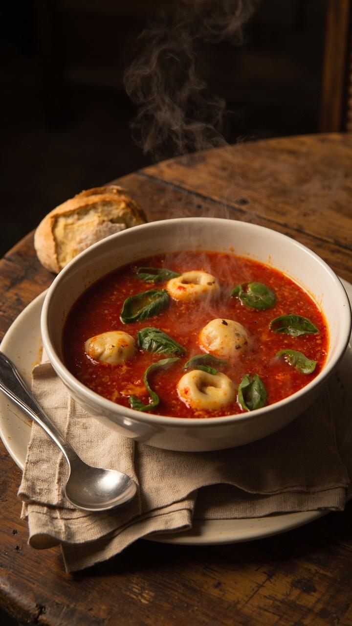 Creamy red tomato broth with cheese tortellini floating, torn fresh basil leaves on top, a shallow white bowl on a rustic wooden table, a small crusty bread loaf on the side, a silver spoon resting on a linen napkin