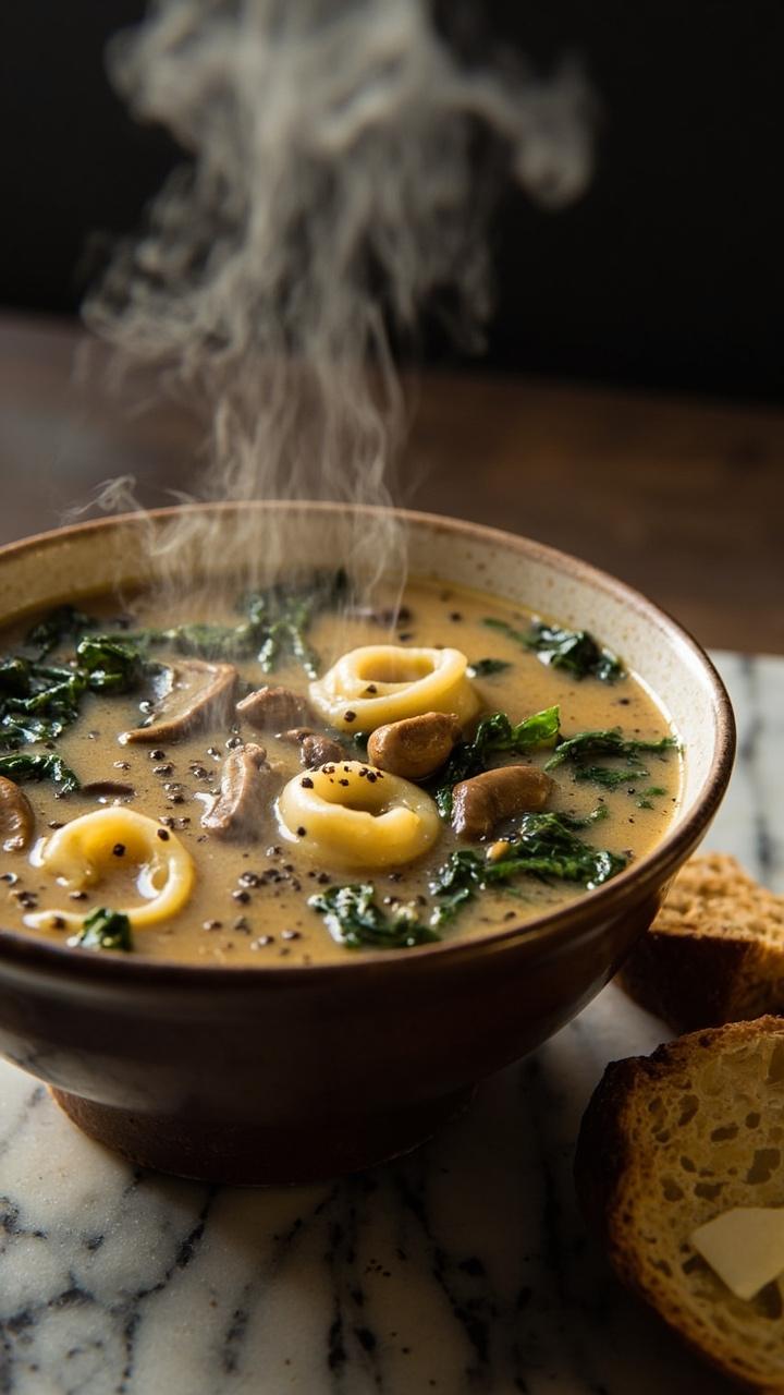 Light brown creamy broth with sliced brown mushrooms, wilted dark green spinach, cheese tortellini visible, a deep ceramic bowl on a marble board, a small scattering of cracked black pepper, a buttered slice of sourdough