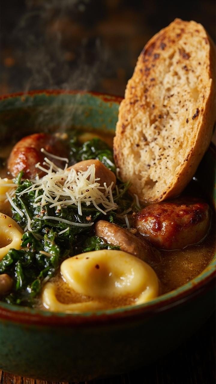 Golden brown sausage slices and dark green curly kale in a clear golden broth, cheese tortellini visible, served in a deep green ceramic bowl, a slice of toasted baguette leaning on the bowl rim, a scattering of grated Parmesan and black pepper