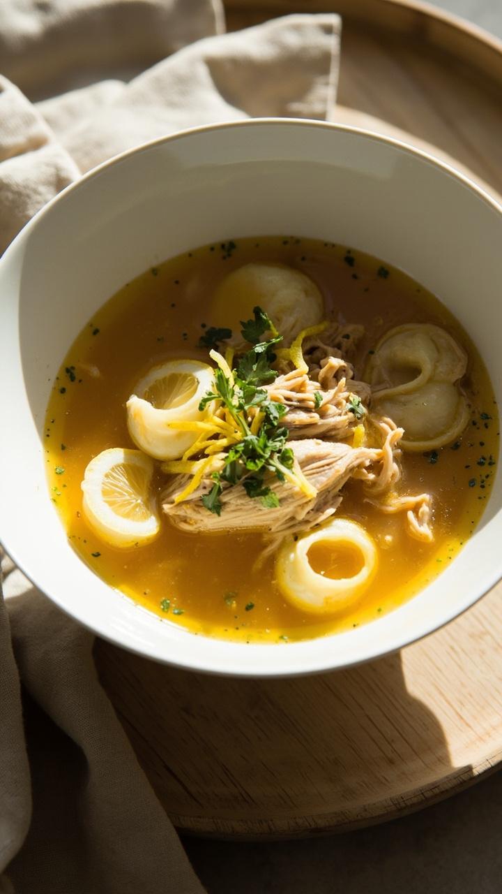 Clear golden broth with shredded chicken and cheese tortellini, thin lemon slices or zest on top, a white shallow bowl on a light wooden tray, a sprig of chopped parsley sprinkled over, a linen napkin beside the bowl