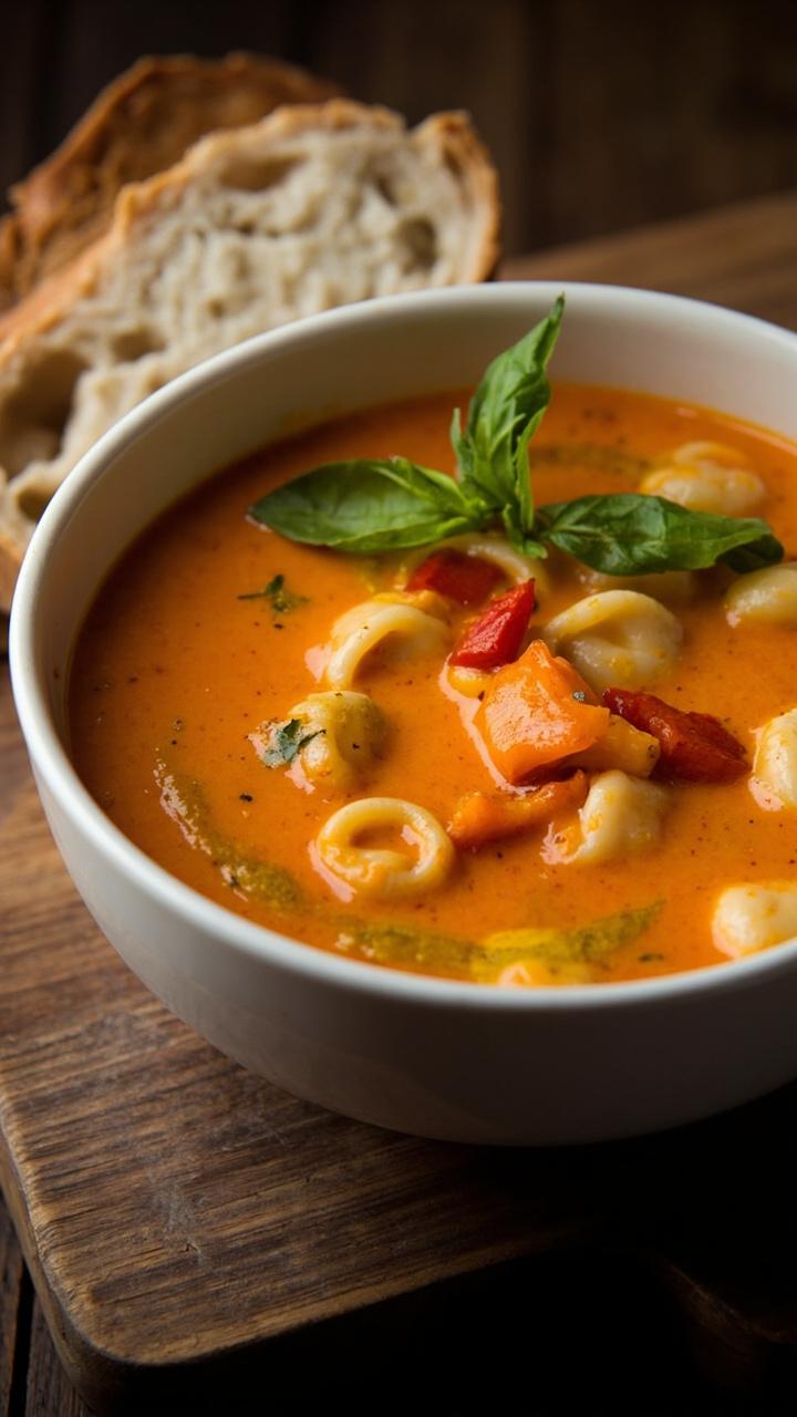 Smooth deep orange creamy soup with cheese tortellini, small diced roasted red pepper pieces on top, served in a shallow white bowl on a dark wooden board, a drizzle of olive oil and a few basil leaves as garnish, a piece of rustic bread nearby