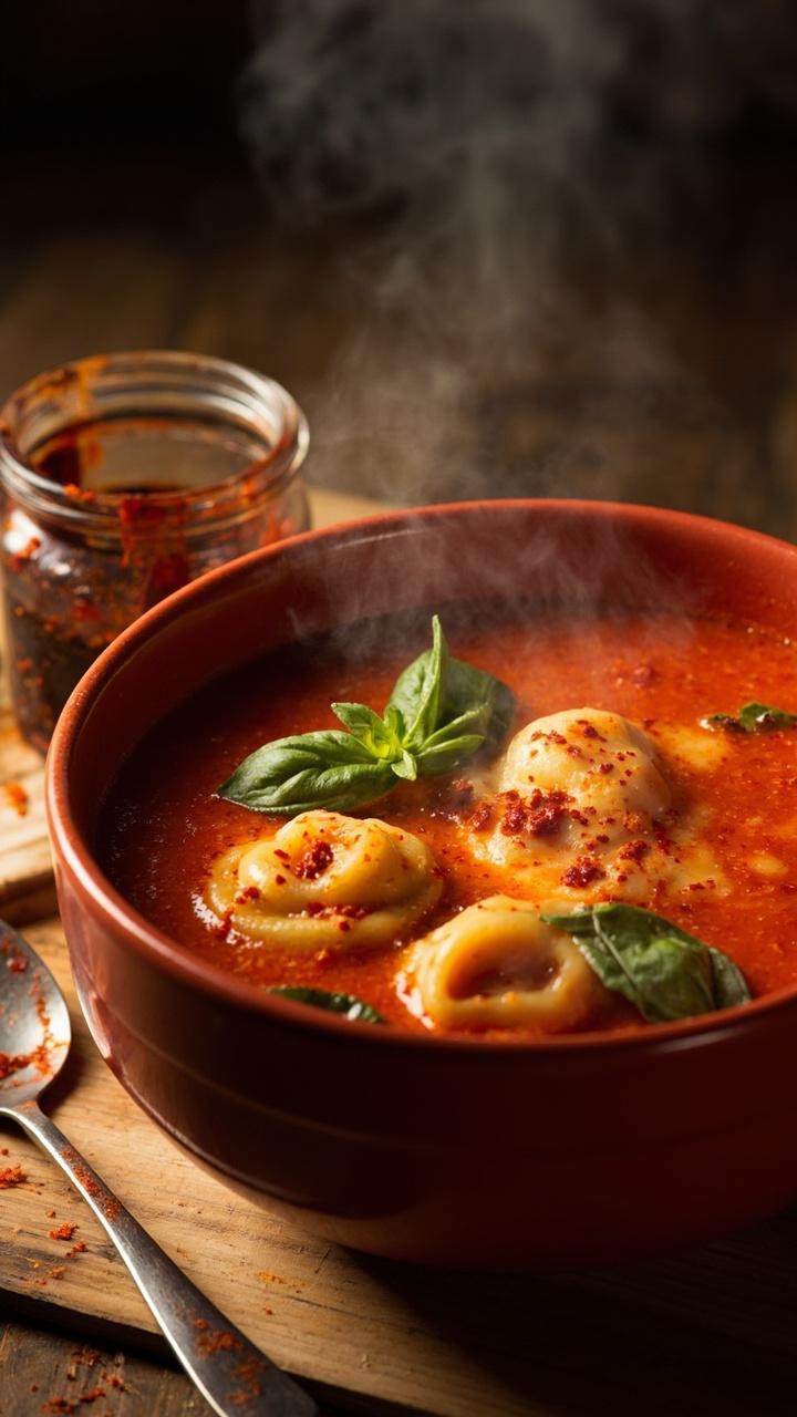Deep red spicy tomato broth with flecks of red pepper flakes, cheese tortellini visible, a few basil leaves on top, served in a red ceramic bowl on a wooden placemat, a small jar of chili oil on the side, a spoon with tomato splatter