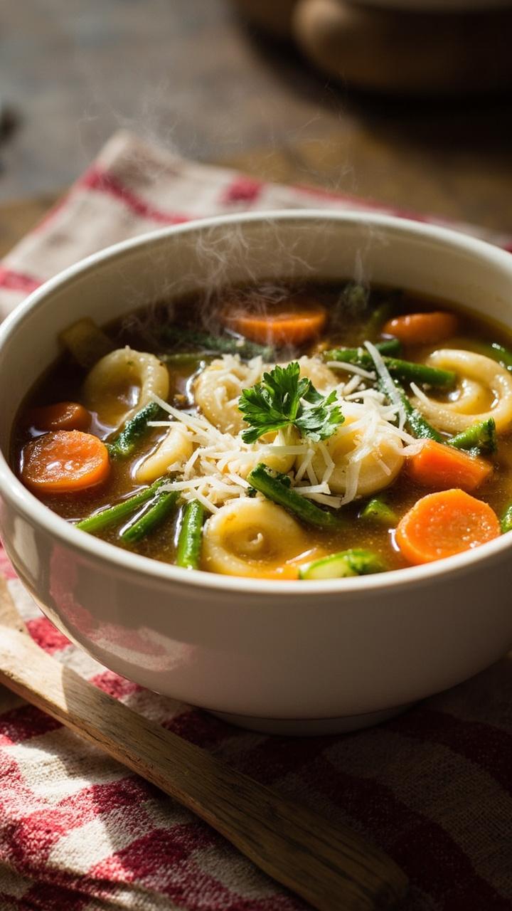 Clear tomato vegetable broth with visible diced carrots, zucchini, green beans, and cheese tortellini, served in a white deep bowl on a checkered cloth, a sprinkle of grated Parmesan and parsley, a rustic wooden spoon to the side