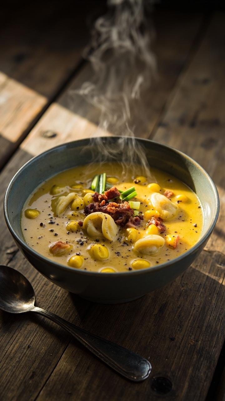 Pale creamy yellow soup with visible corn kernels, small crisp bacon pieces on top, cheese tortellini showing, served in a shallow gray bowl on a wooden table, a sprinkle of chives and black pepper, a tarnished spoon beside it