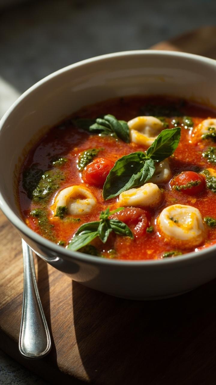 Clear tomato broth with melted green swirls of pesto, cheese tortellini floating, small halved cherry tomatoes and basil leaves on top, served in a medium white bowl on a wooden cutting board, a fork resting beside it