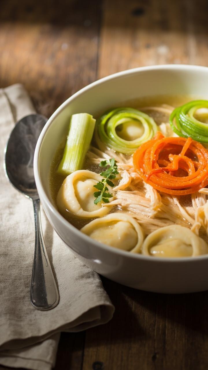Clear chicken broth with shredded white chicken meat, cheese tortellini, thinly sliced scallions and a few carrot ribbons, served in a deep white bowl on a plain wooden surface, a folded napkin and a simple spoon beside it